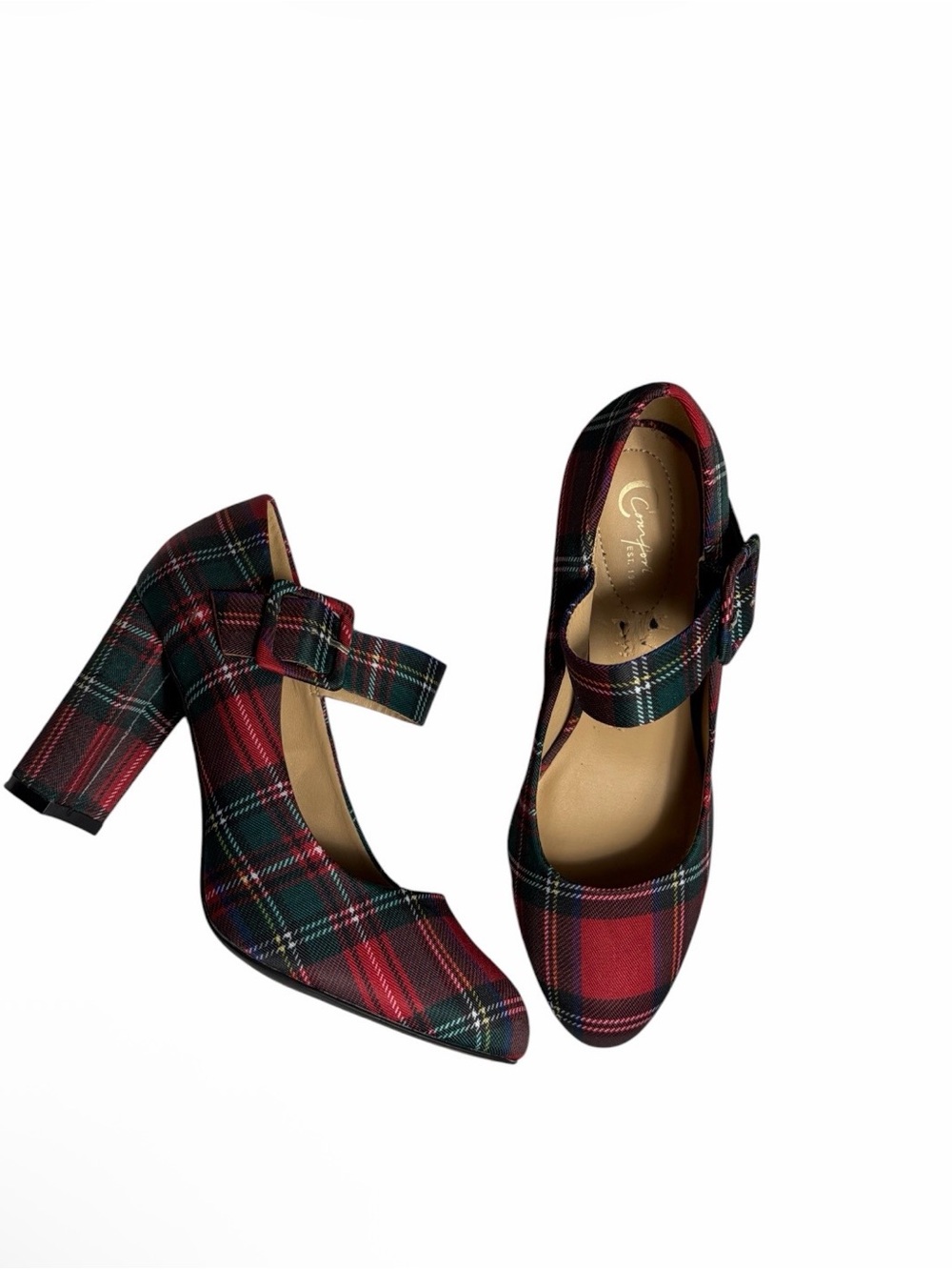 Red & green plaid fabric punk block heel Mary Jane pumps size 8.5 M